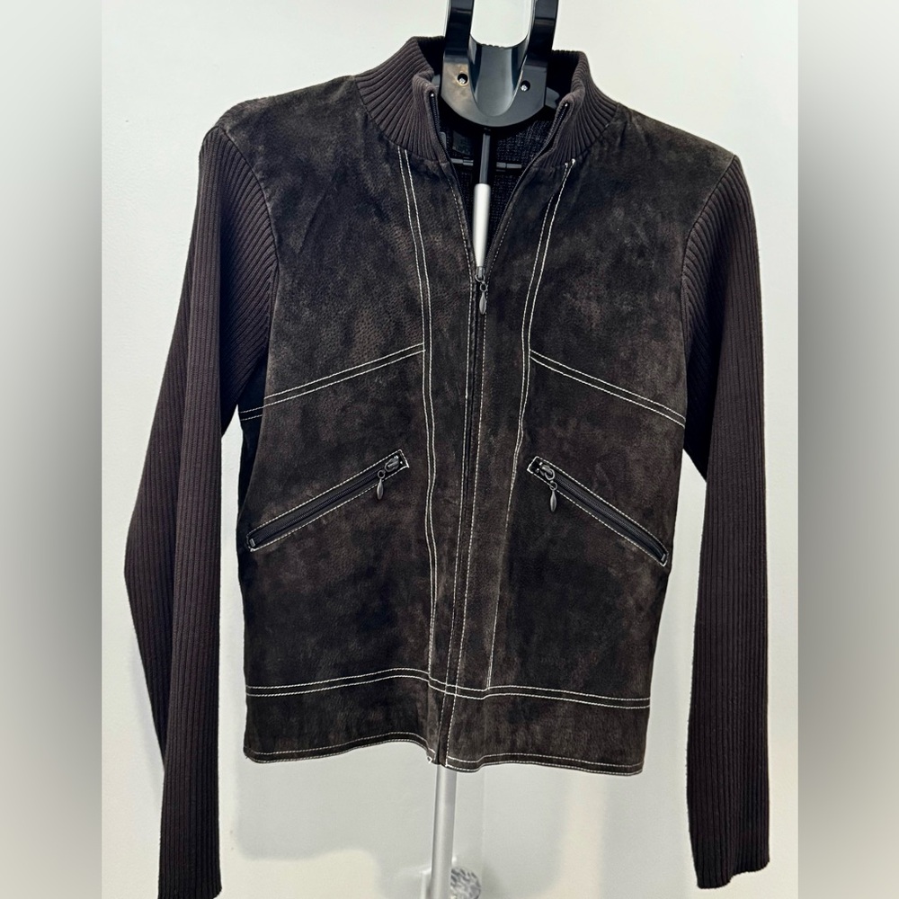 Chic Brown Suede and ribbed knit zip-up jacket